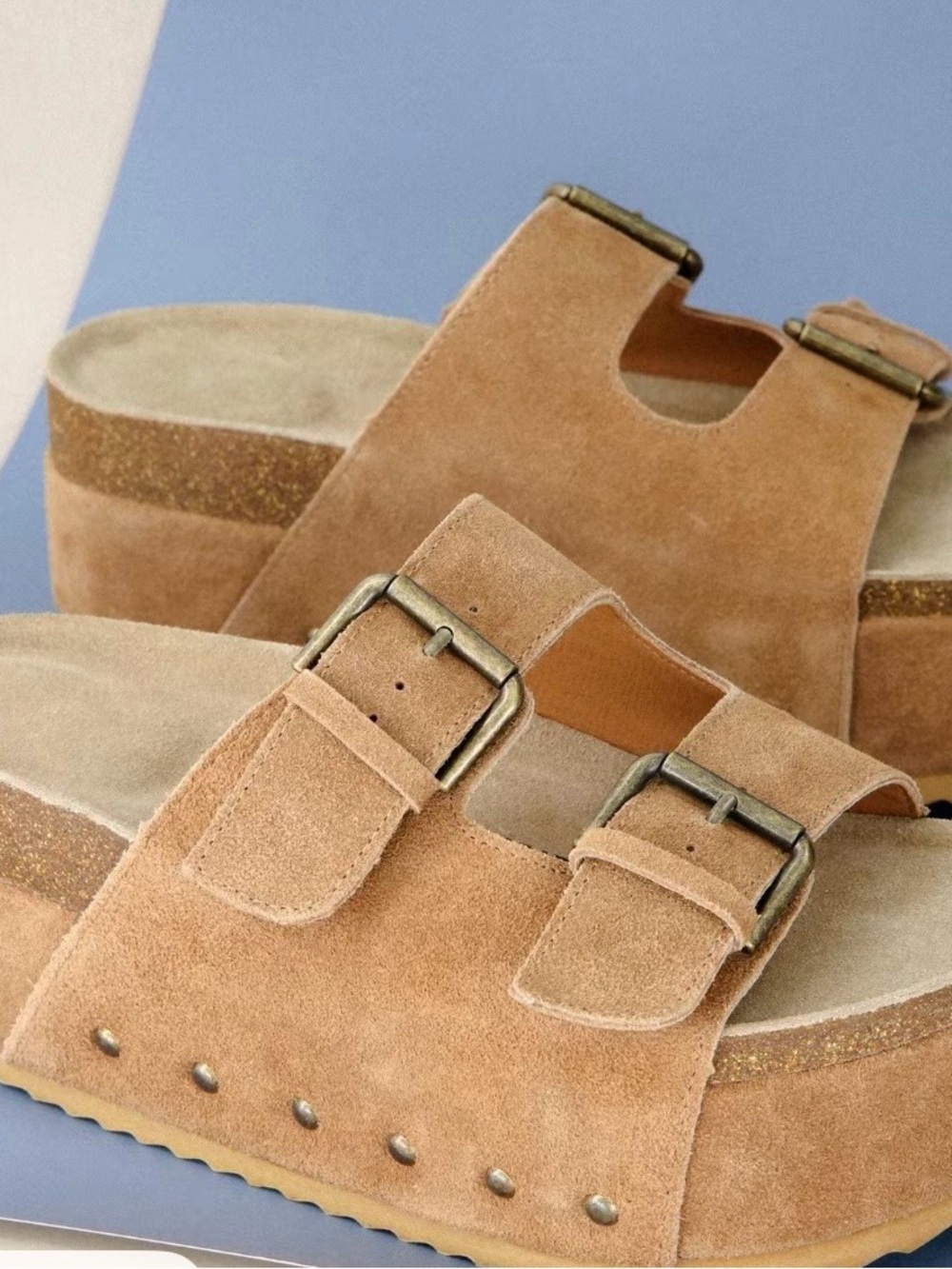 Women's Suede Double-Buckle Platform Slide Sandals in Tan